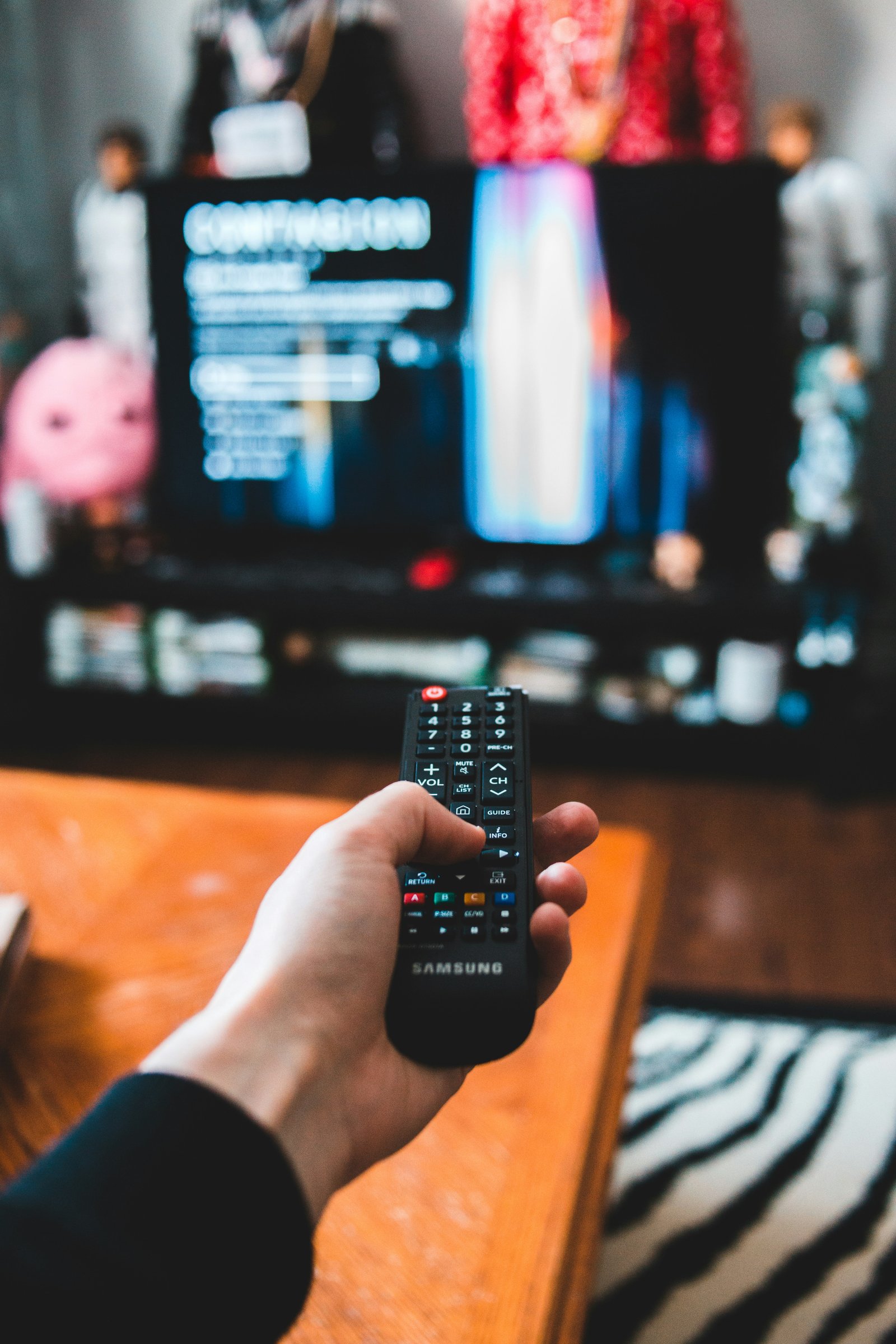 Modern living room with smart TV streaming entertainment